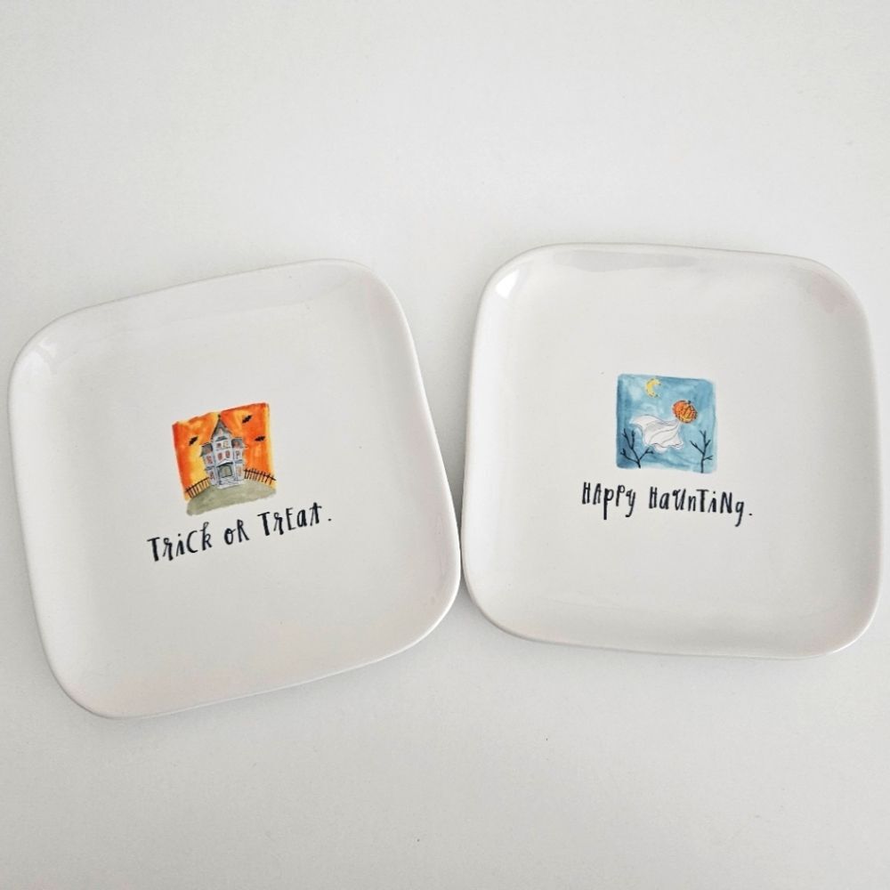 NEW Rae Dunn | Set Of Two Halloween Trick Or Treat Happy Haunting Square Plates